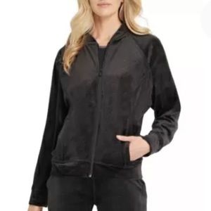 NEW DKNY Sport Velour Logo Print Zip Front Athletic Jacket, Size Small, Black